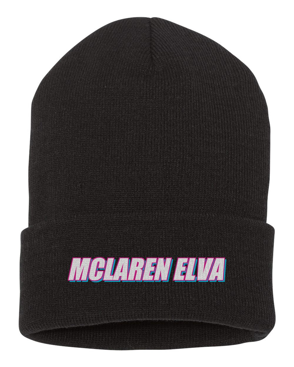 Mclaren Elva black beanie front view with car name