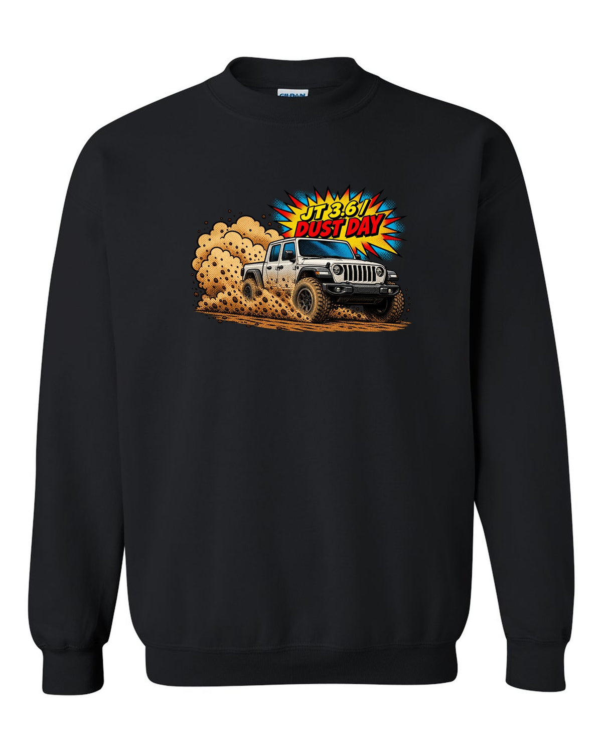 Jeep Gladiator JT mid-burnout in comic halftone pop art with JT 3.6 dust day text black crewneck front view with the design