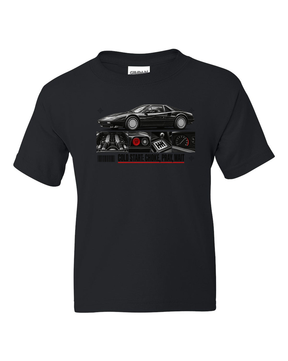 Dossier-panel print of a Ferrari 308 GTB/GTS with the line Cold Start: Choke, Pray, Wait black kids tee front view with the design