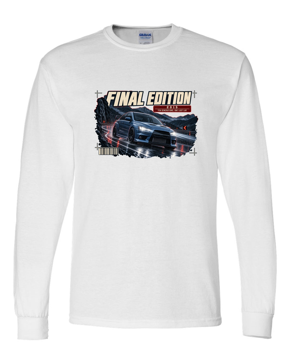 Mitsubishi Lancer Evolution X Final Edition low front three-quarter at night print white long sleeve front view with the design
