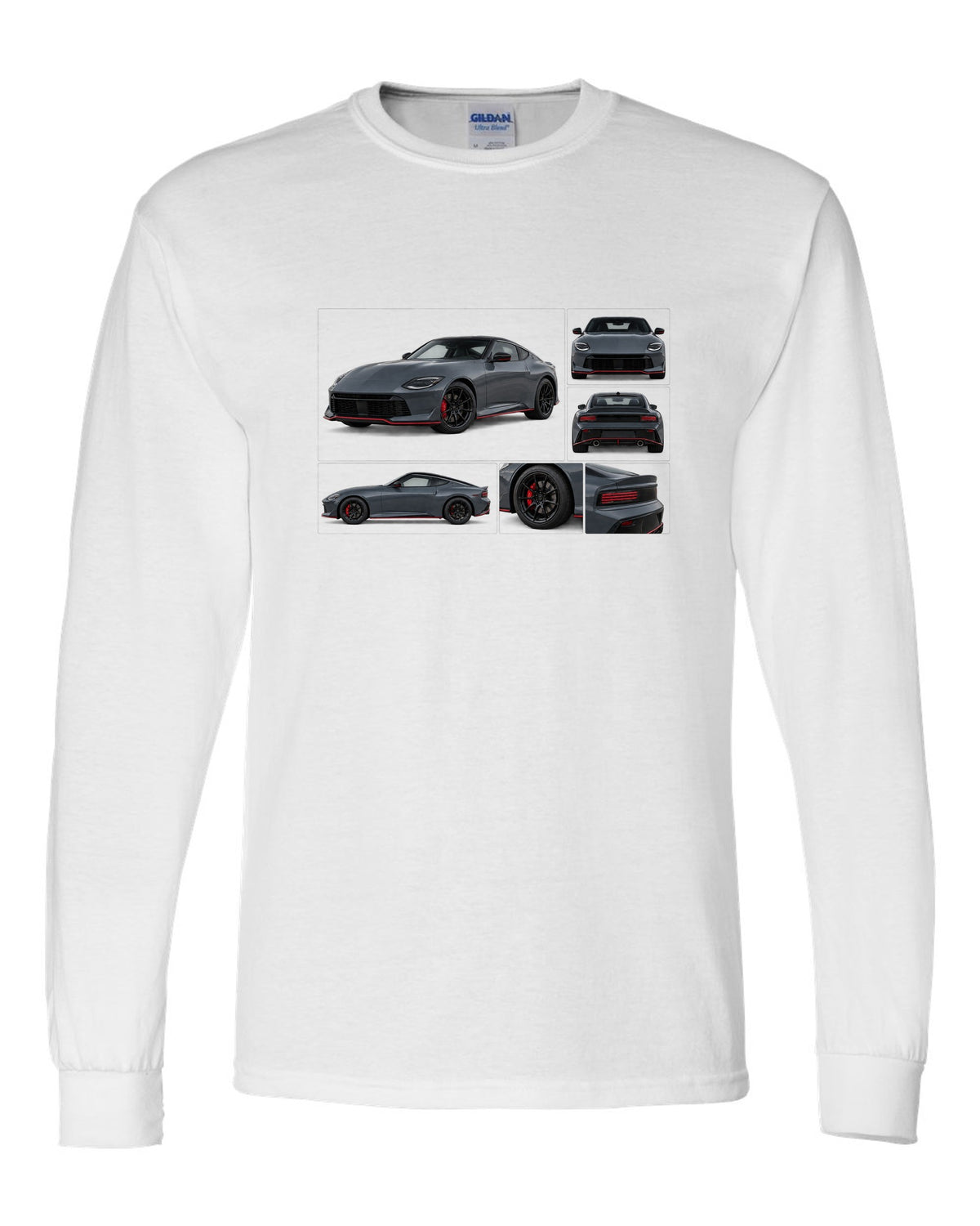 Halftone style print of a 2024 Nissan Z RZ34 Sport with VR30DDTT text white long sleeve front view with the design