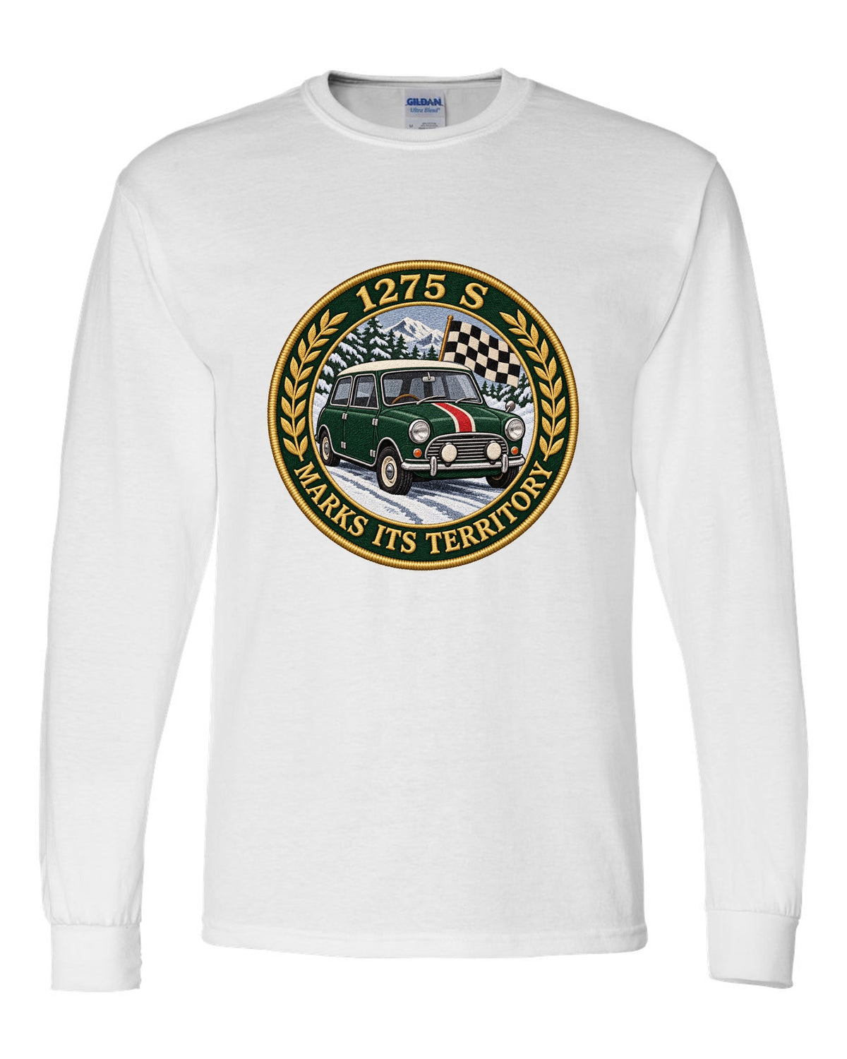 Embroidery style varsity crest for a Mini Cooper S Mk1 with 1275 S marks its territory white long sleeve front view with the design