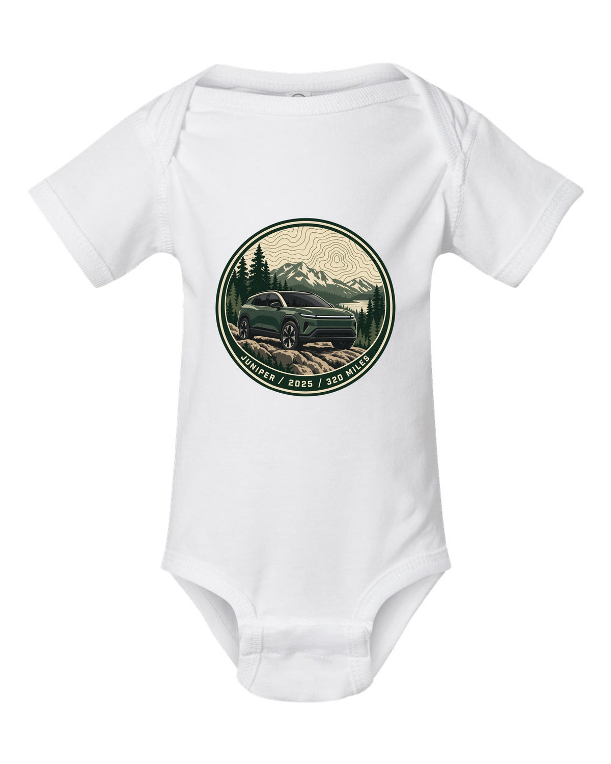 Topographic contour map trail badge print for a Tesla Model Y Juniper reading Juniper 2025 320 Miles white baby onesie front view with the design