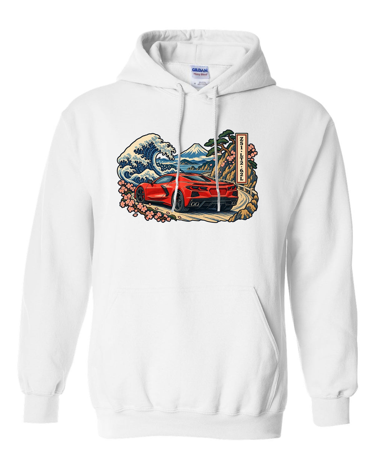 Ukiyo-e woodblock style print of a 2020 C8 Corvette Stingray on a mountain pass white pull over hoodie front view with the design