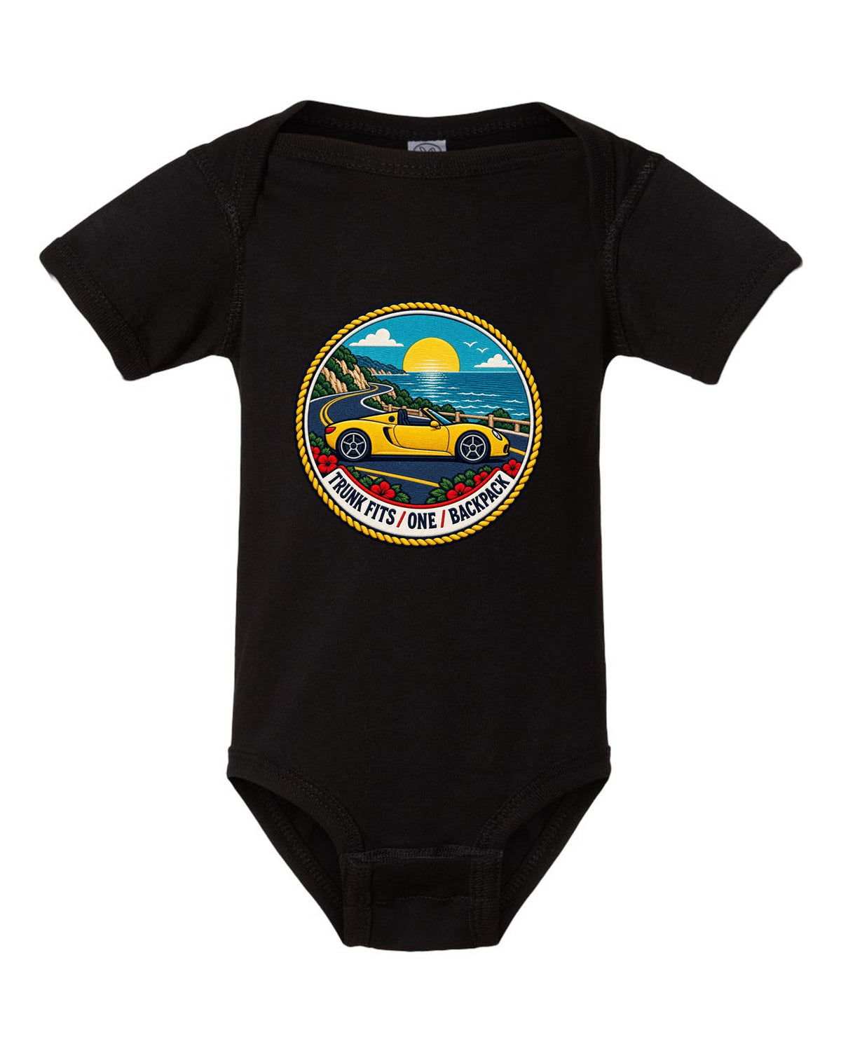 Varsity crest design for the Toyota MR2 W30 MR-S open roadster black baby onesie front view with the design