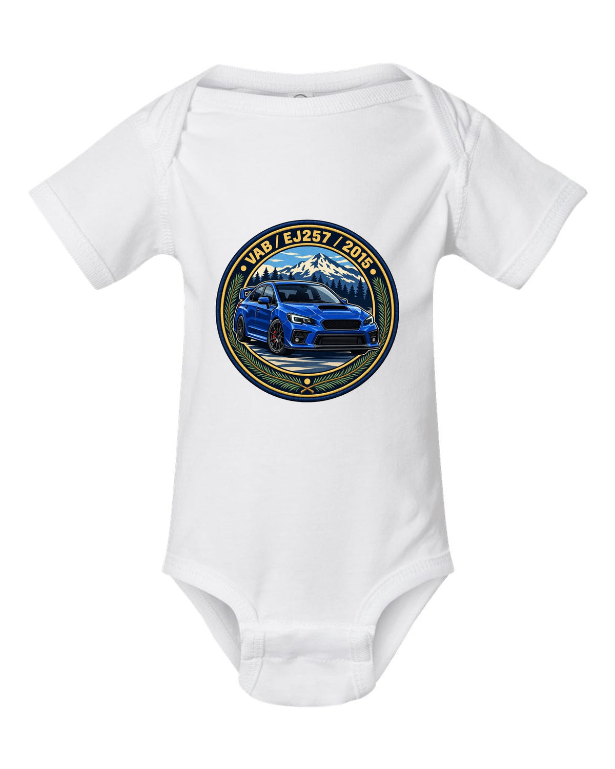 Subaru WRX STI VAB round varsity crest print, VAB / EJ257 / 2015 white baby onesie front view with the design