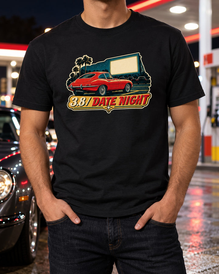 E-Type Drive-In Shirt, Jaguar Series 1 1961 Vintage Race Poster T-Shirt Black worn hero