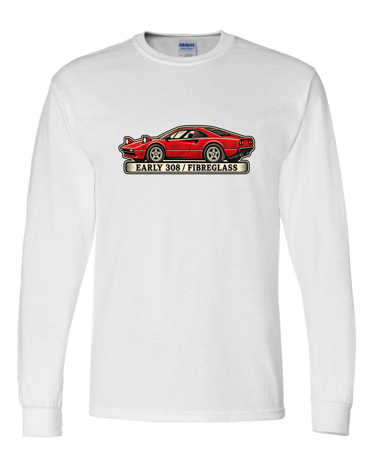 Linocut woodcut style print of an early 1975 Ferrari 308 GTB with the text early 308 fibreglass white long sleeve front view with the design
