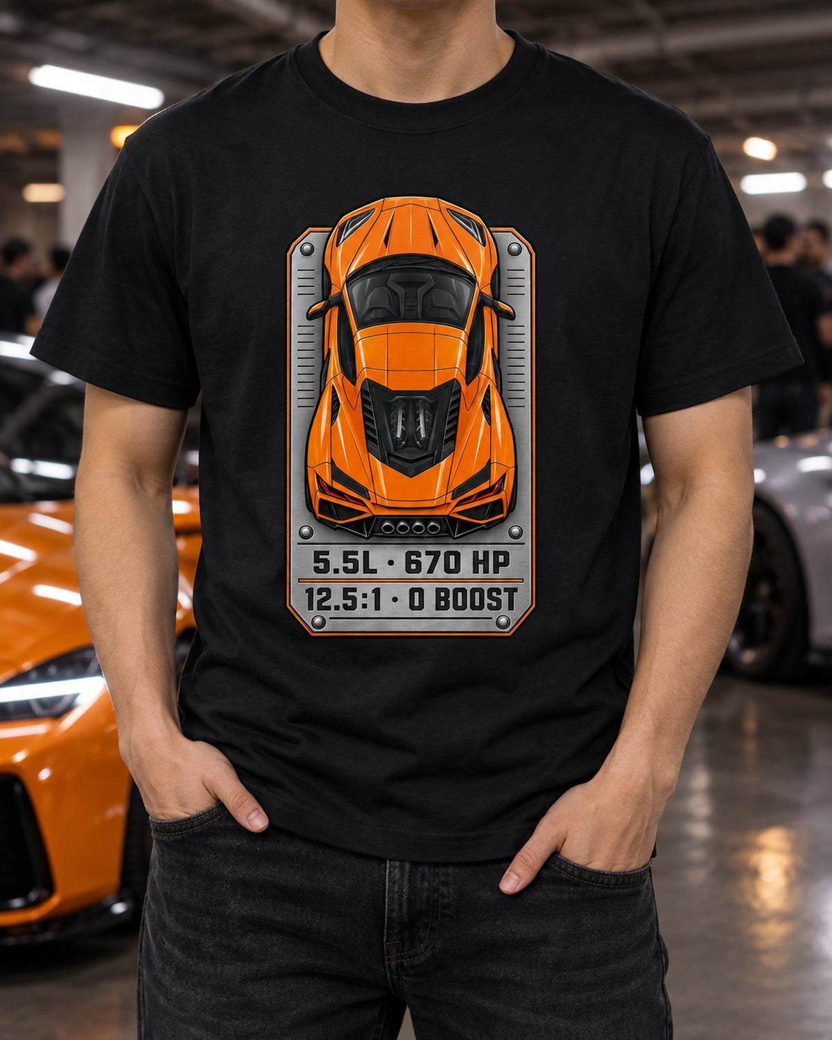 Chrome Lightning 2025 Corvette ZR1 C8 80s Airbrush Car Tee T-Shirt Black worn hero