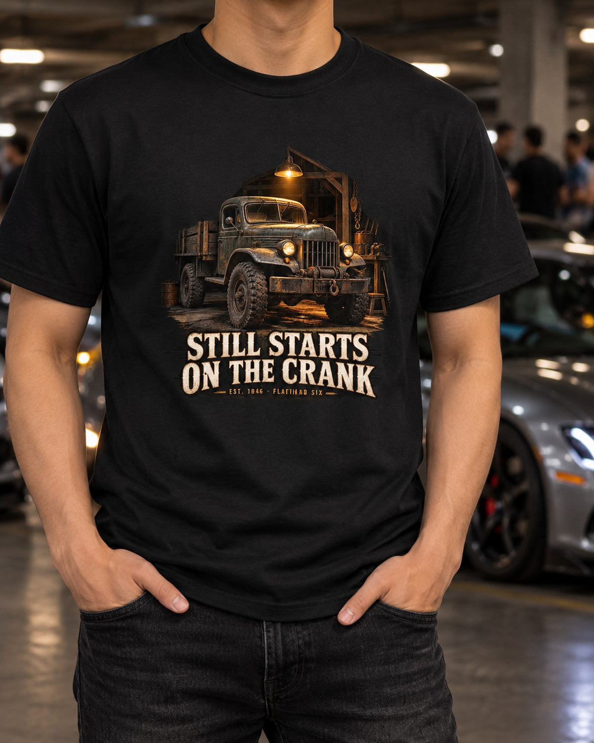 Dodge Power Wagon Flat Fender Garage Night Shirt, Crank Start T-Shirt Black worn hero
