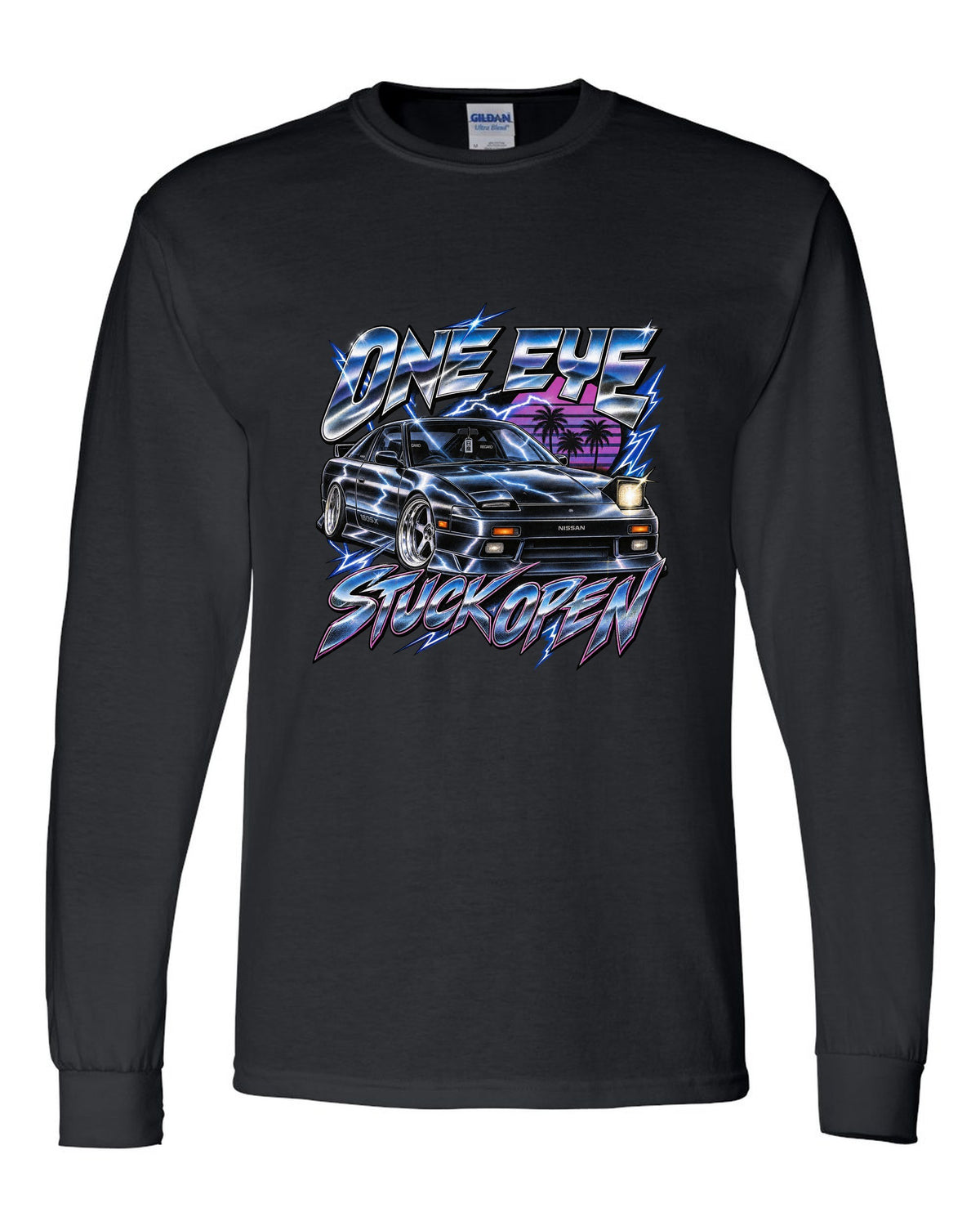 80s airbrush chrome print of a Nissan 180SX S13 ch with one eye stuck open text black long sleeve front view with the design
