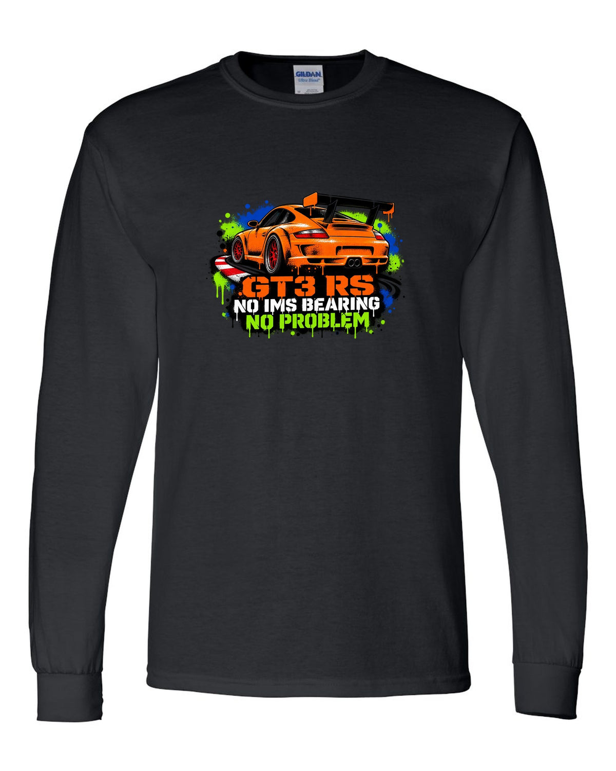 Porsche 996 GT3 RS graffiti stencil spray paint design with IMS joke black long sleeve front view with the design