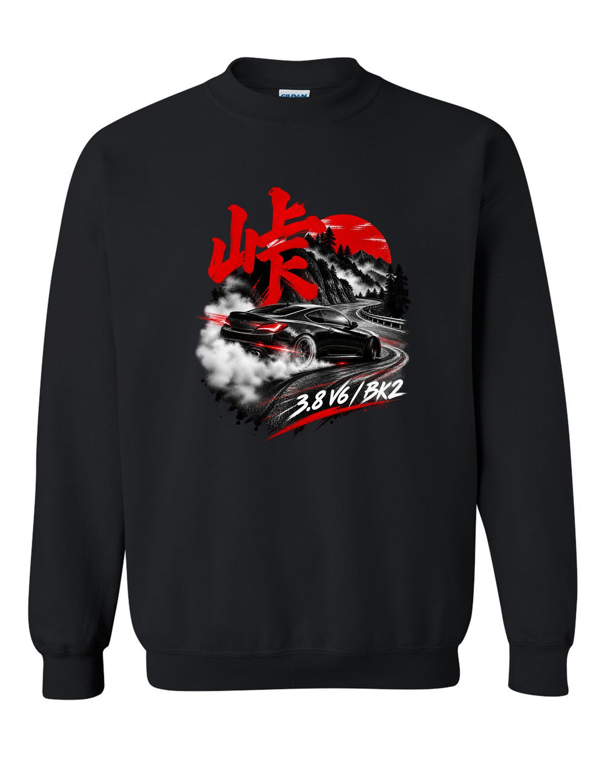Hyundai Genesis Coupe BK2 on a mountain pass at night with kanji touge text black crewneck front view with the design