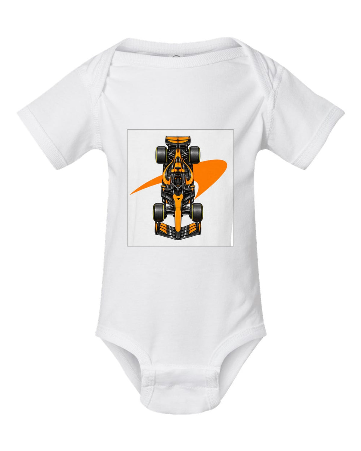 Mclaren MCL40 2026 Formula 1 overhead poster artwork white baby onesie front view with the design