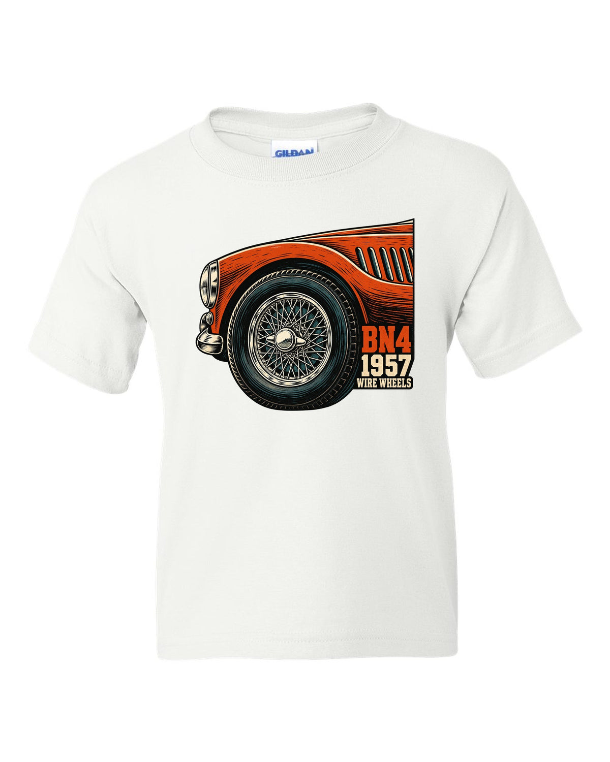 Linocut close-up of a wire wheel on a 1957 Austin-Healey 100-Six BN4 white kids tee front view with the design