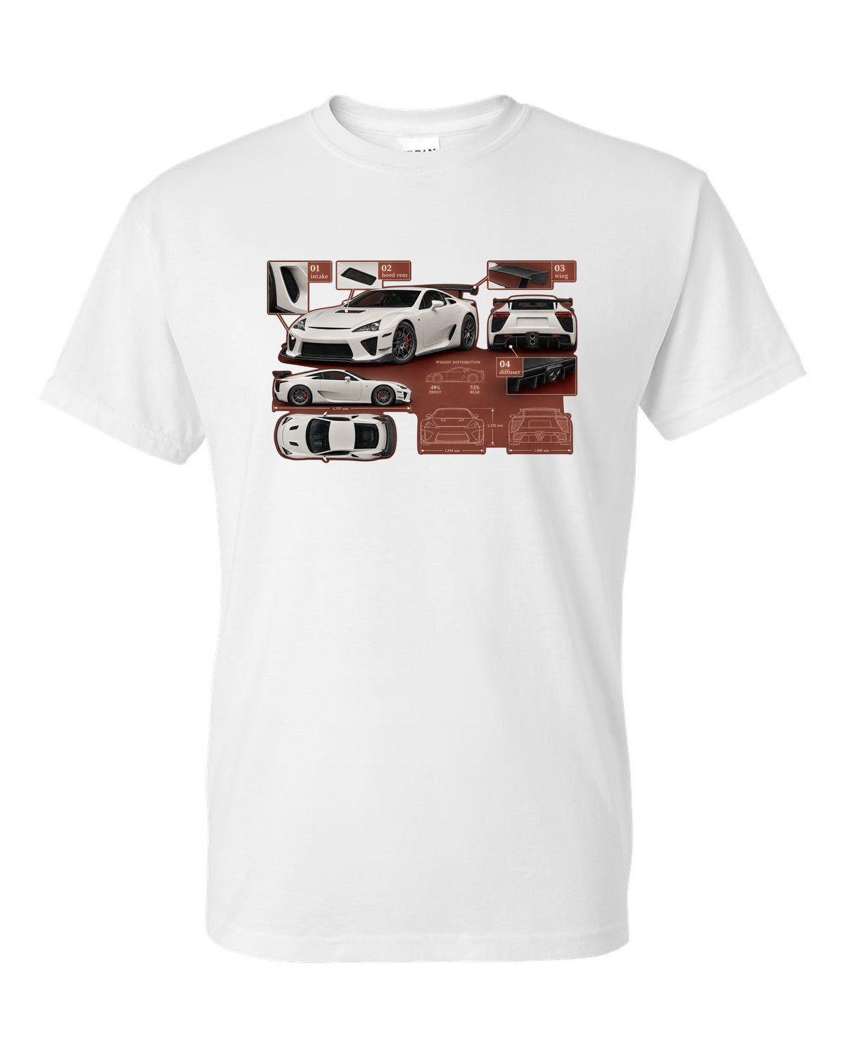 Aero callout diagram of the 2020 Lexus RC F Track Edition white t-shirt front view with the design