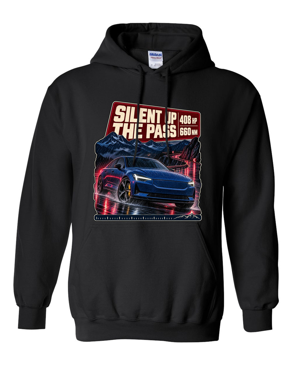 Polestar 2 Launch Edition driving a mountain pass at night, print design black pull over hoodie front view with the design