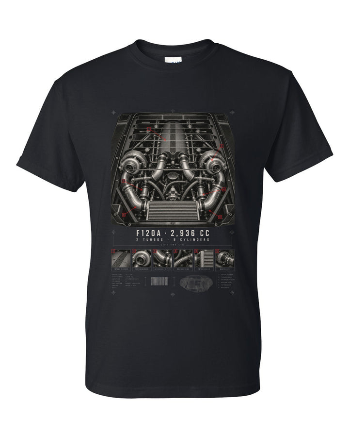 Ferrari F40 1987 engine bay print, F120A 2,936 cc twin-turbo V8, lift the lid black t-shirt front view with the design