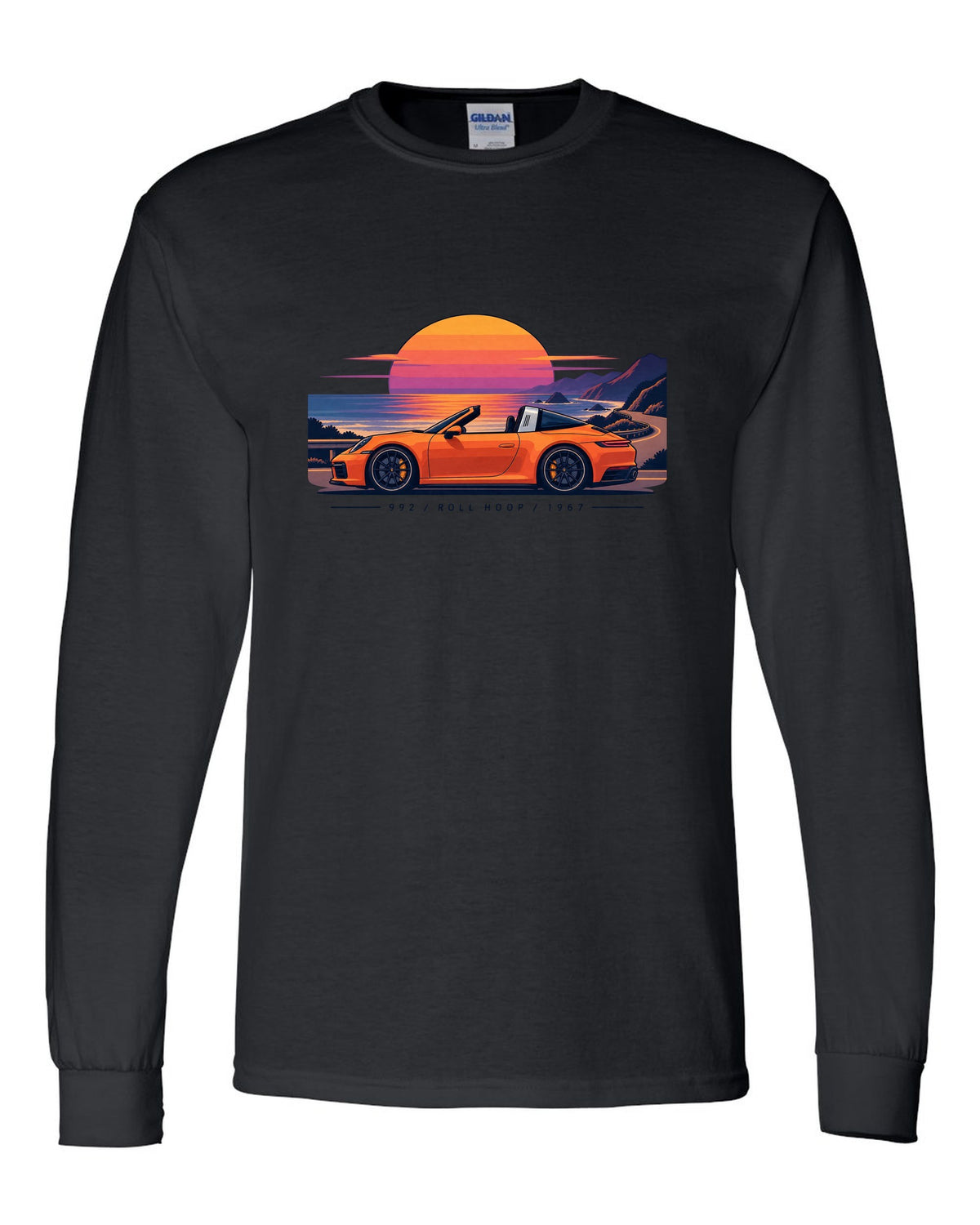 Porsche 997 GT3 RS exploded view diagram design in orange with Mezger lettering black long sleeve front view with the design
