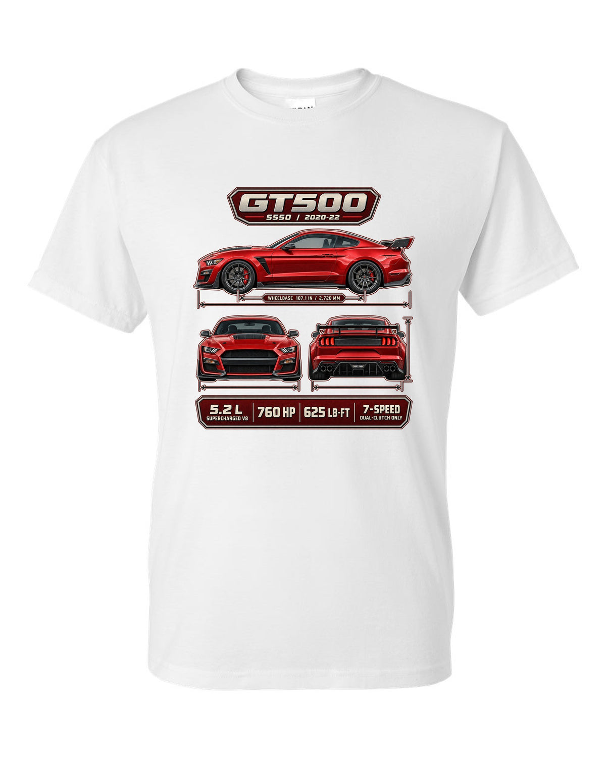 Ford Mustang S550 Shelby GT500 three-view drawing with spec table print white t-shirt front view with the design