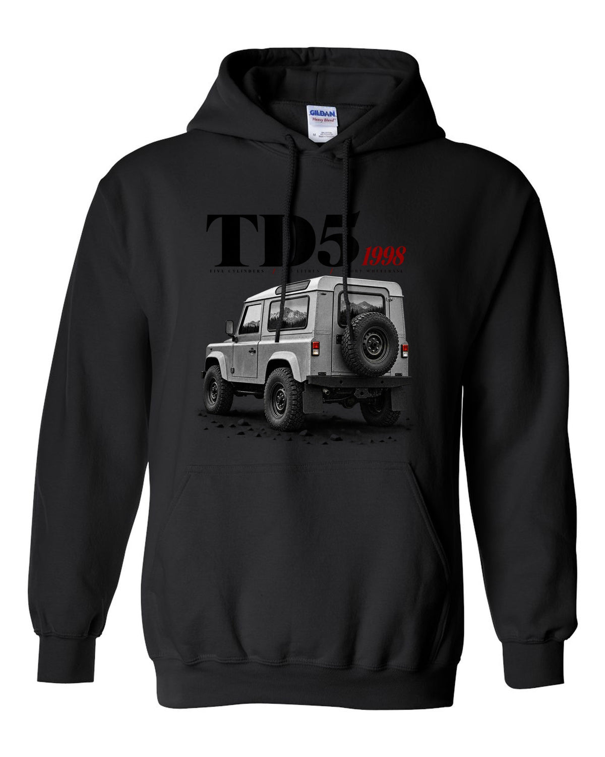 Land Rover Defender 90 editorial headline print about the 1998 Td5 engine black pull over hoodie front view with the design
