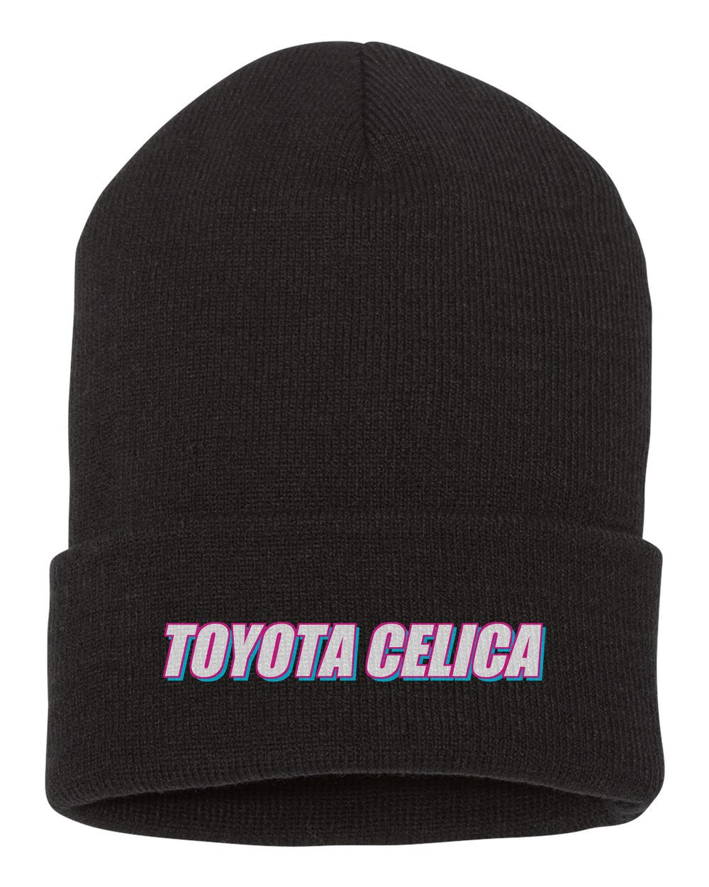 Toyota Celica black beanie front view with car name