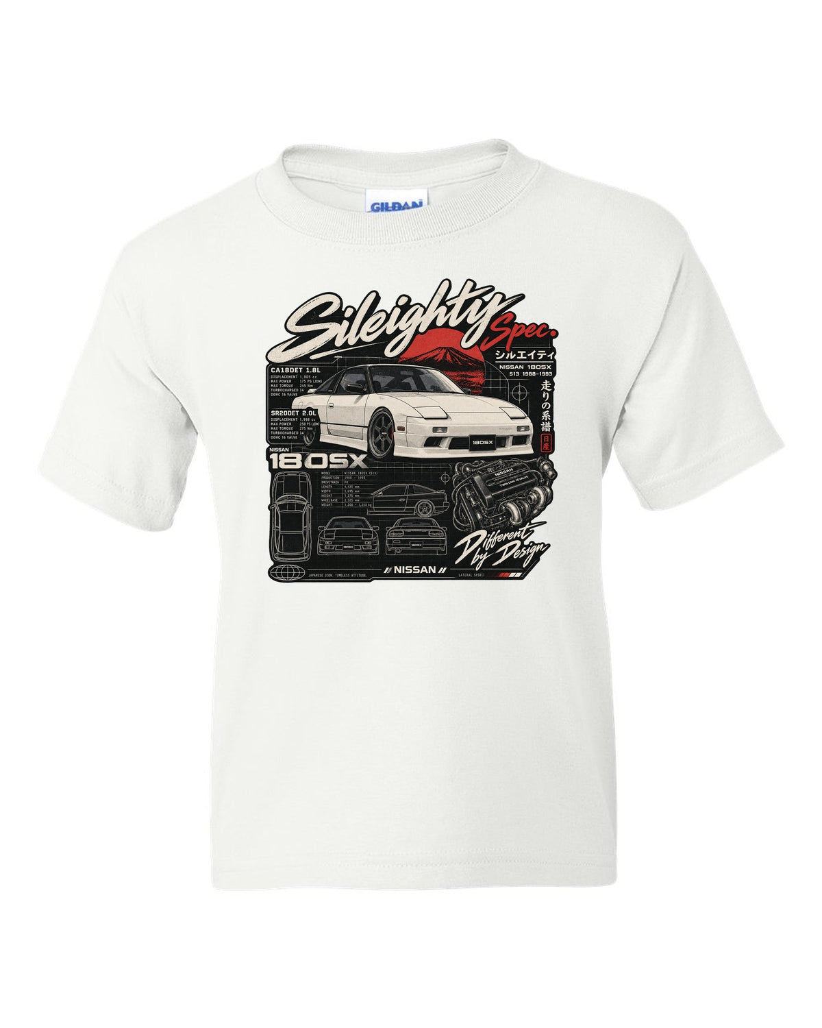 Spec-sheet data plate print for the Nissan 180SX S13 listing CA18DET and SR20DET engines white kids tee front view with the design