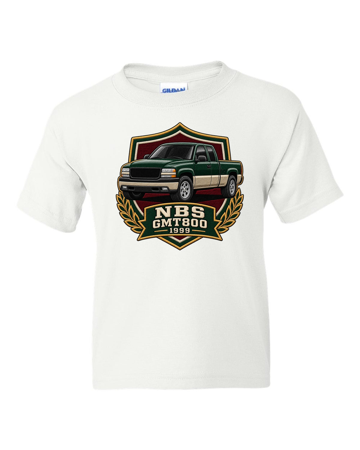 Varsity shield crest print for a 1999-2006 Chevrolet Silverado NBS GMT800 with NBS GMT800 1999 text white kids tee front view with the design