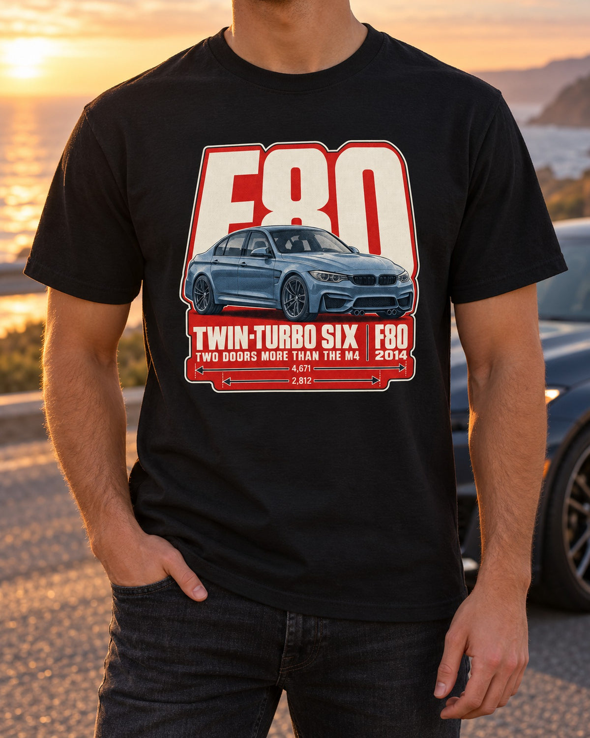 F80 M3 Halftone Statement Shirt, Twin-Turbo BMW Tee T-Shirt Black worn hero