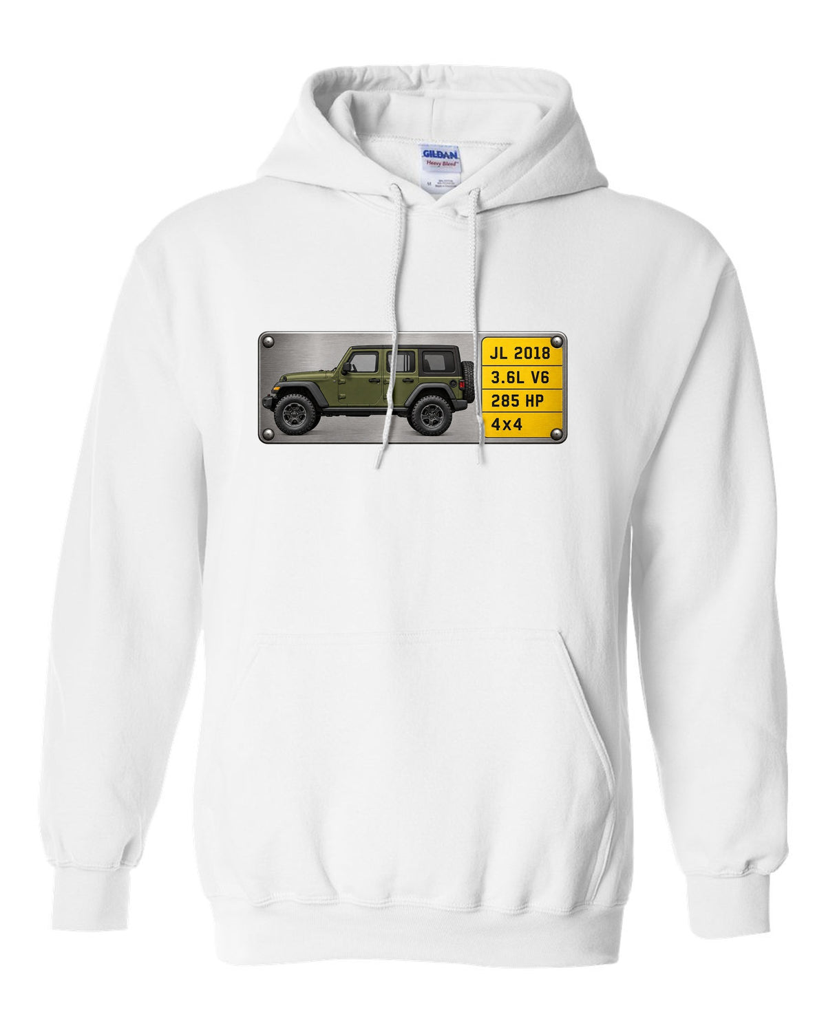 Jeep Wrangler JL Unlimited 3.6L V6 285 HP Spec Plate Tee white pull over hoodie front view with the design