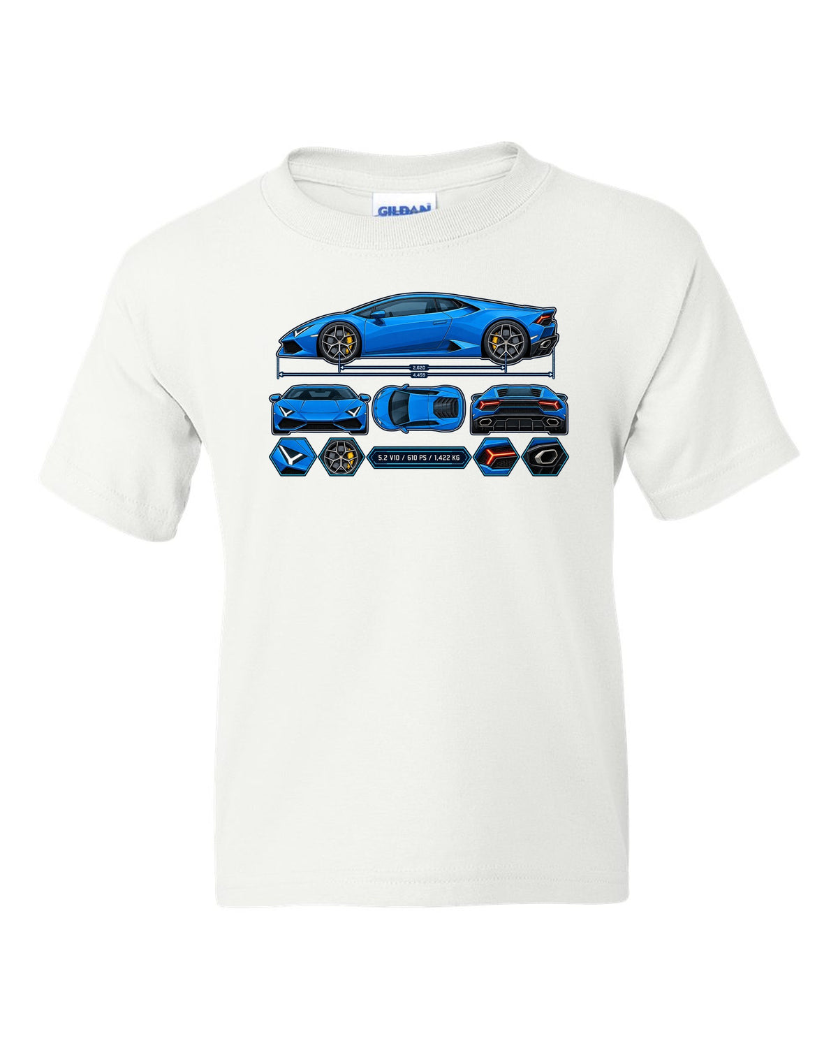 Colour technical blueprint of a Lamborghini Huracan LP610-4 with text 5.2 V10 / 610 PS / 1,422 KG white kids tee front view with the design