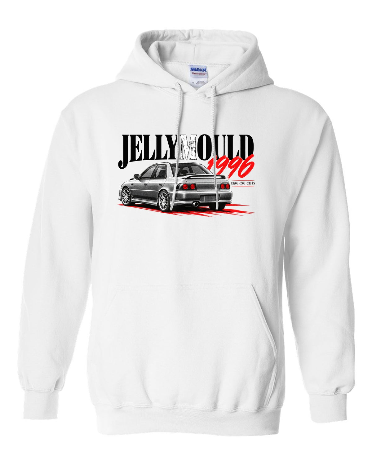Subaru Impreza WRX GC8 saloon 1996 with Jellymould headline and EJ20G 240 PS text white pull over hoodie front view with the design