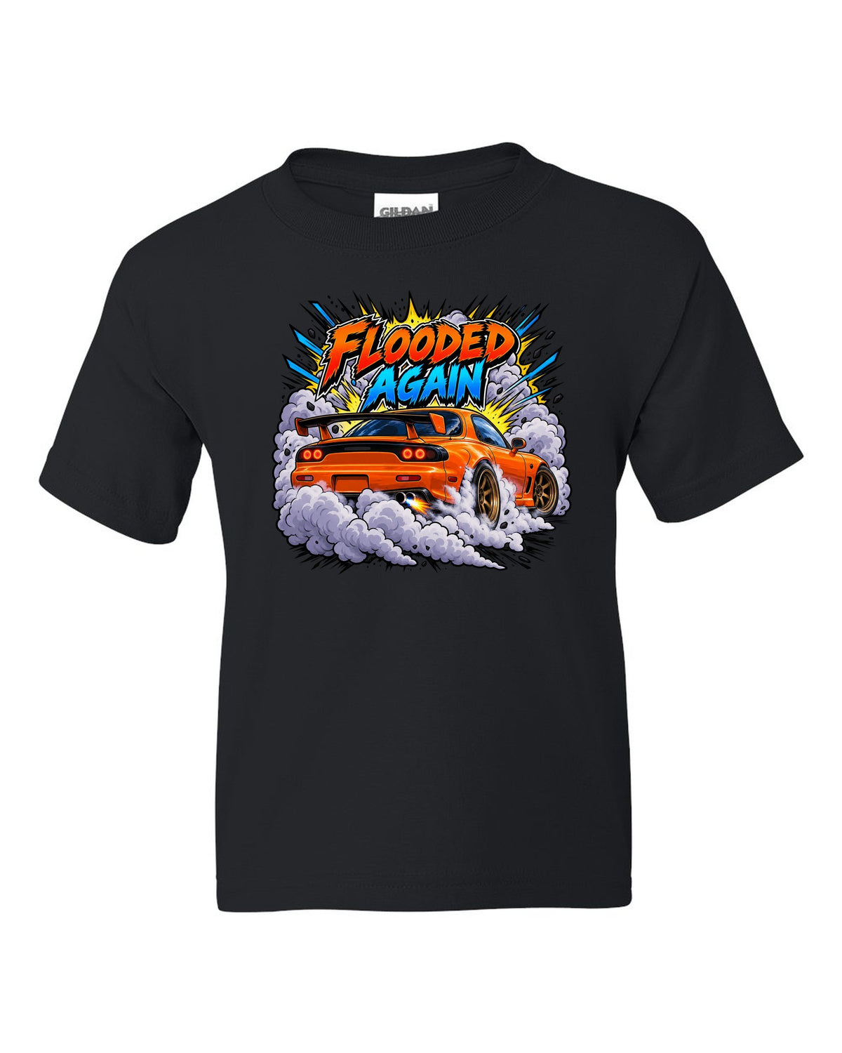 Comic-style Mazda RX-7 FD3S burnout with speed lines and smoke black kids tee front view with the design