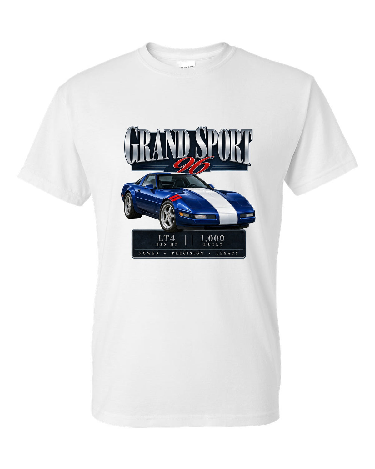 Chevrolet Corvette C4 Grand Sport 1996 archive panel print white t-shirt front view with the design