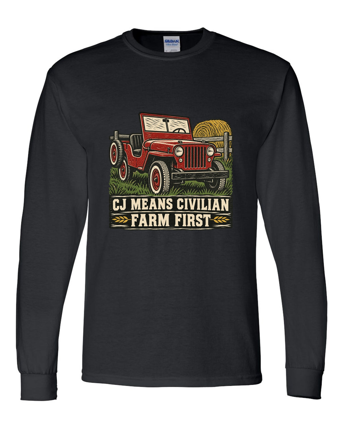 Linocut-style print of a Jeep CJ-2A with civilian farm text black long sleeve front view with the design