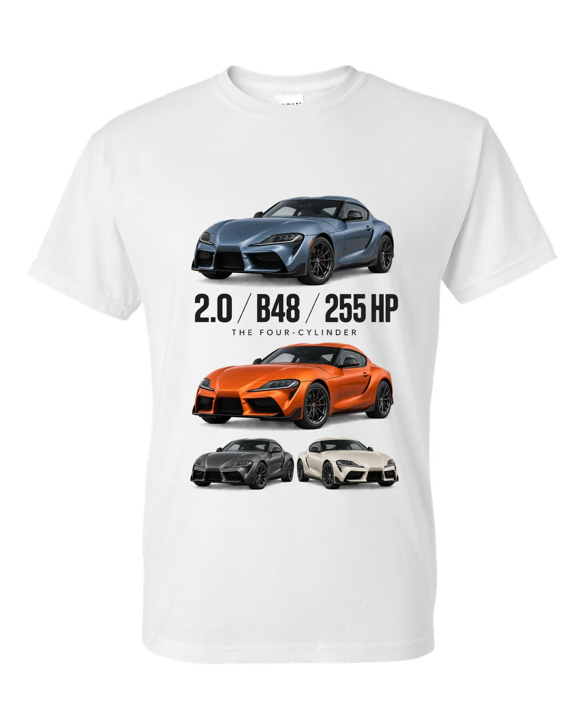 Steel blue Toyota GR Supra 2.0 spec poster with B48 and 255 HP text white t-shirt front view with the design