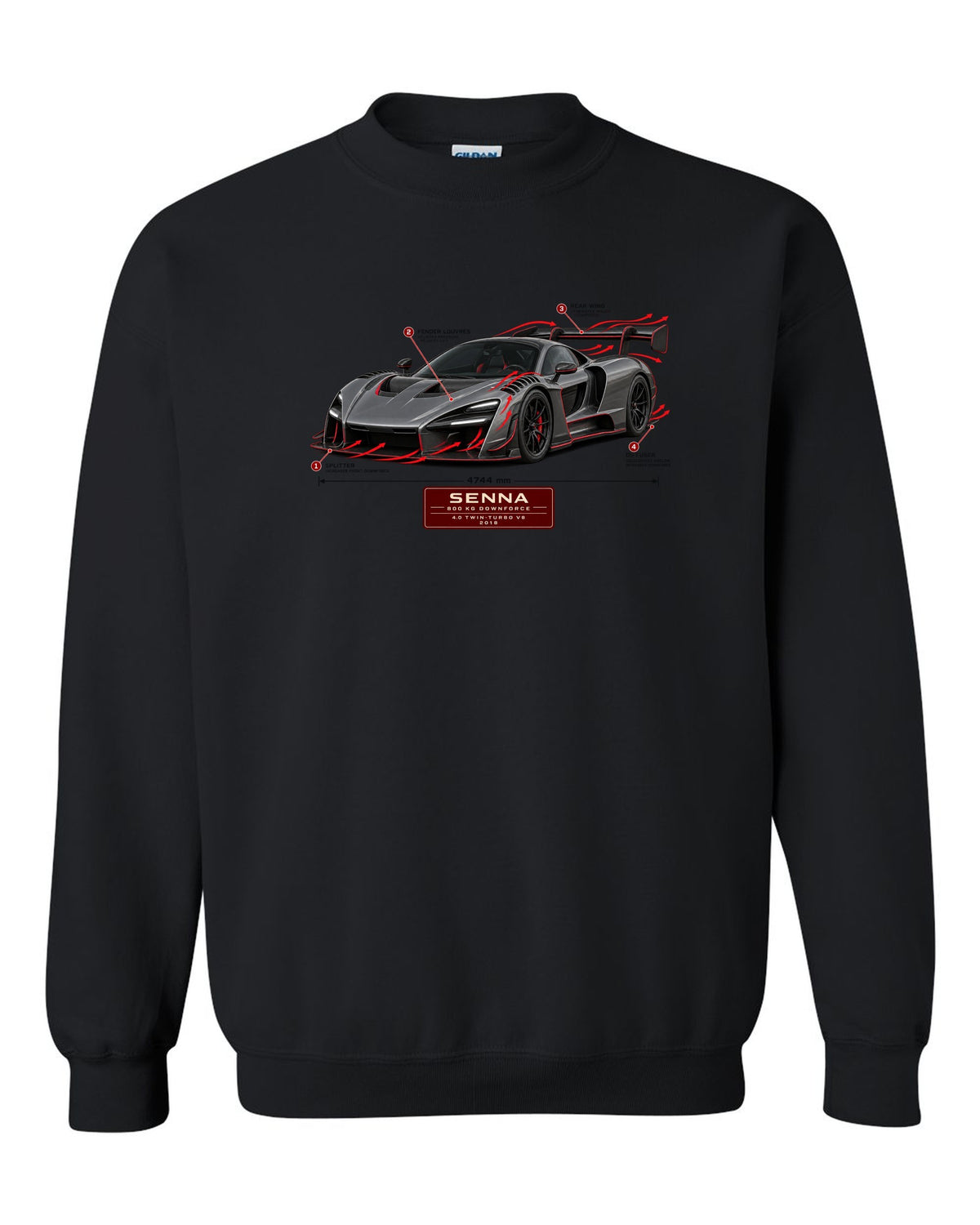 Aero callout print of a McLaren Senna showing 800 kg downforce black crewneck front view with the design