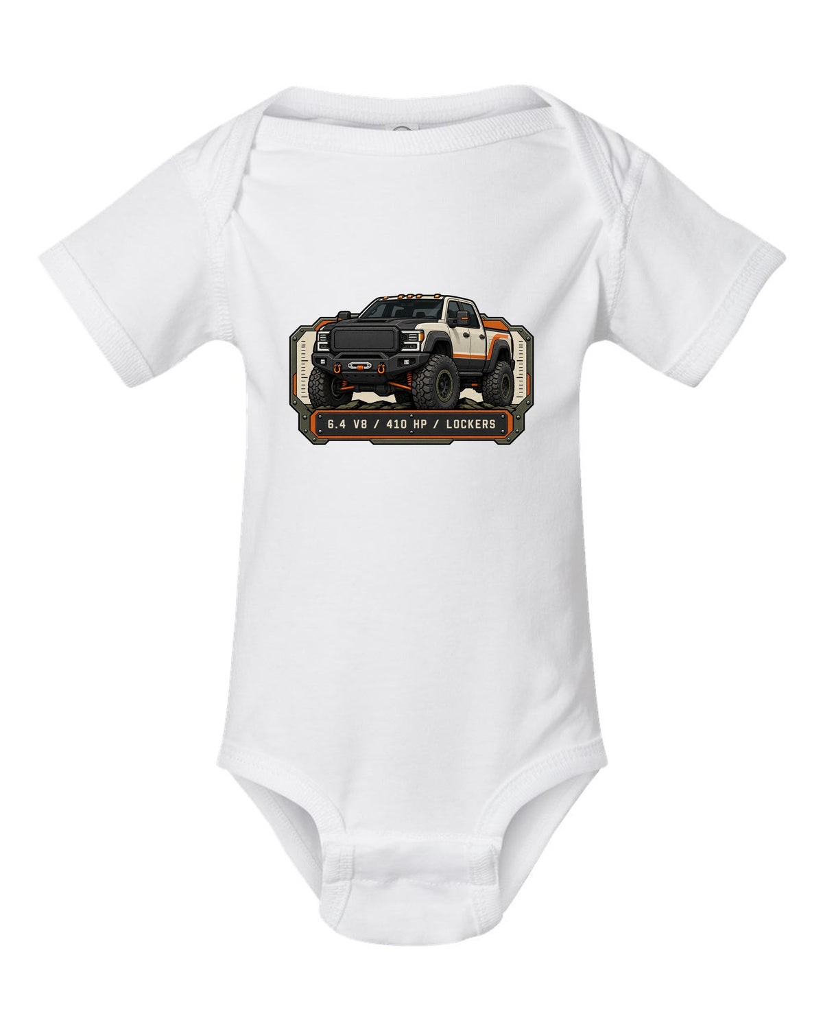 Spec-sheet data plate print of a Ram Power Wagon 2500 winch bumper with 6.4 V8 410 HP lockers text white baby onesie front view with the design
