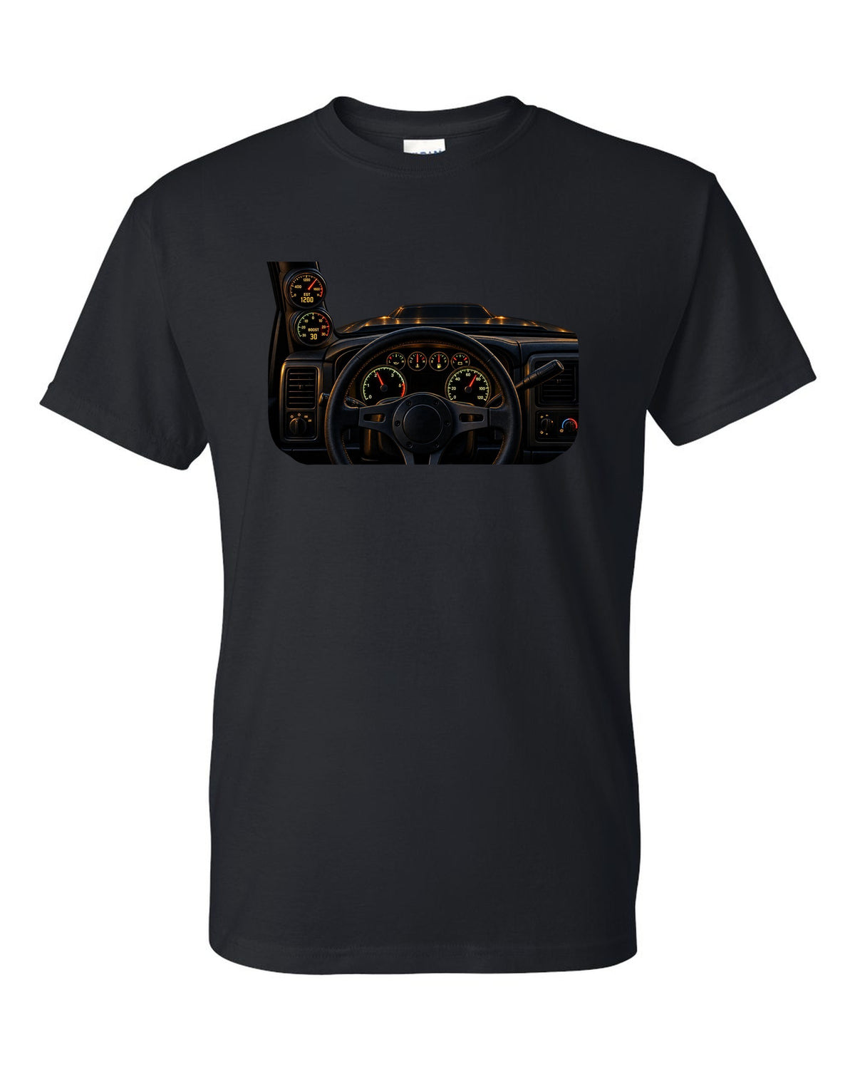 Dyno chart gauge cluster print showing EGT and boost for a Dodge Ram 2500 Cummins black t-shirt front view with the design