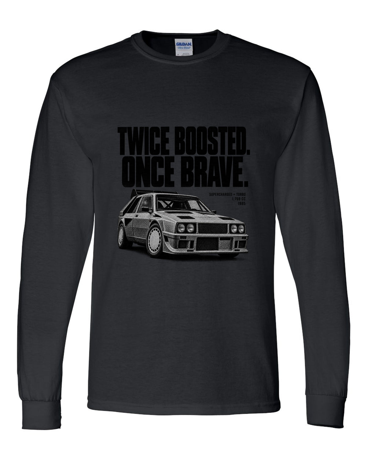 Halftone print of a Lancia Delta S4 with supercharged and turbo lettering black long sleeve front view with the design