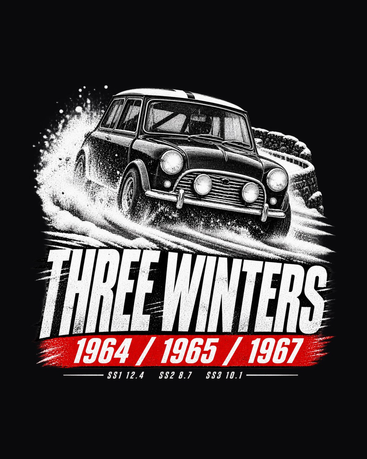 Classic Mini Cooper S Mk I 1964 Rally Poster Tee, Three Winters design only