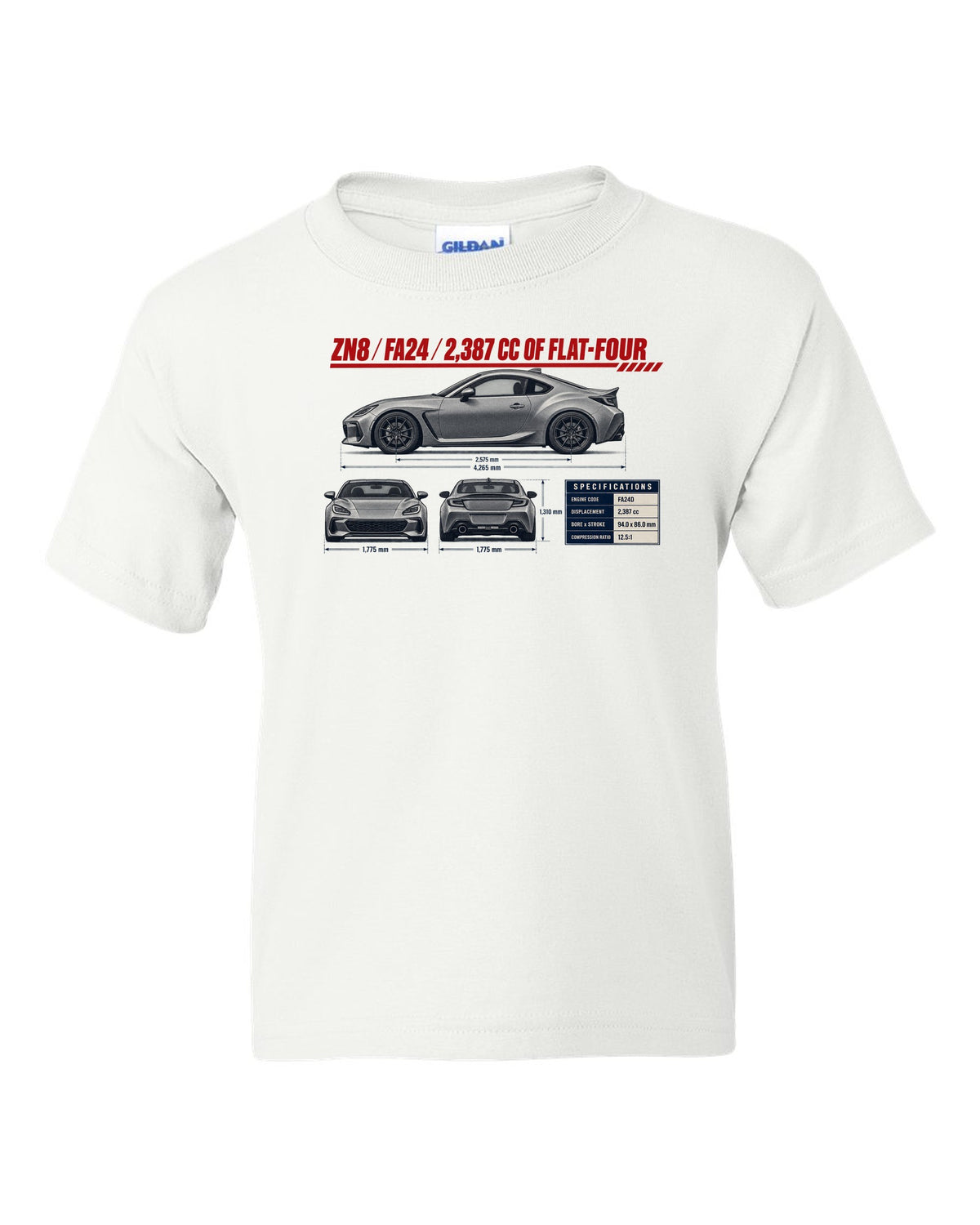 Three-view drawing with spec table of a Toyota GR86 ZN8, poster-style print white kids tee front view with the design