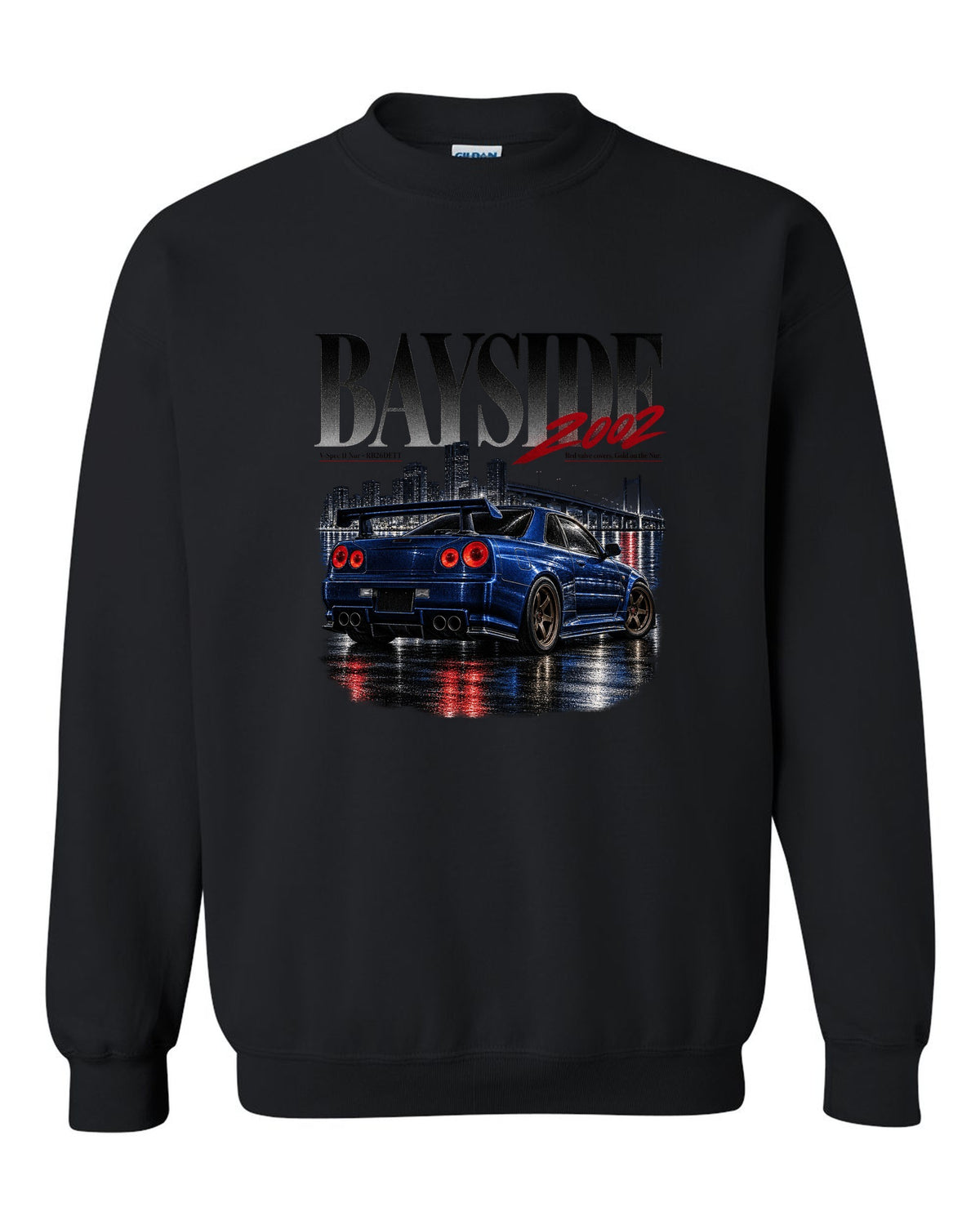 Editorial print of a Nissan Skyline GT-R R34 V-Spec II Nur rear with RB26DETT text black crewneck front view with the design