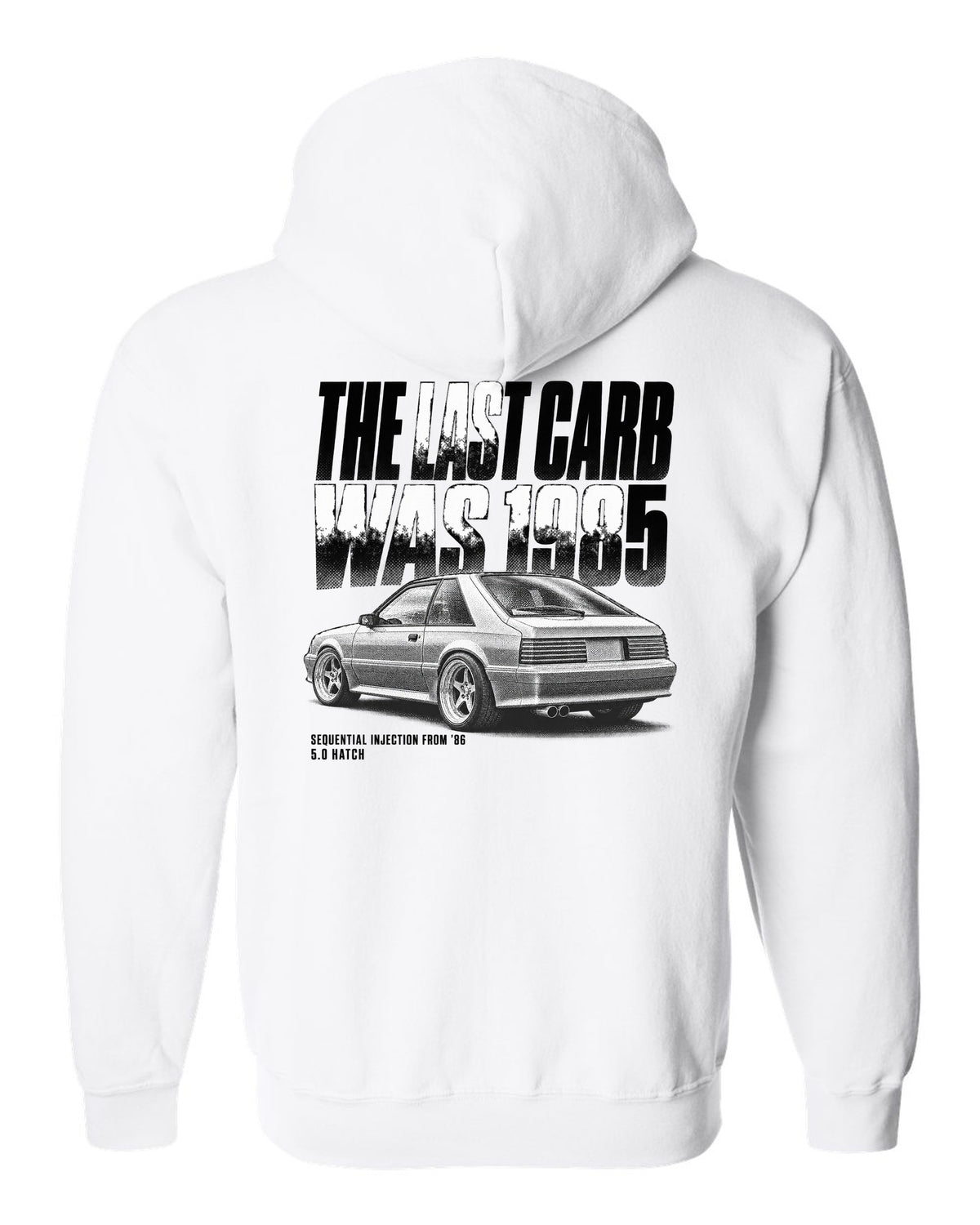 Halftone print of a 1986-89 Ford Mustang Fox Body GT chback white zip hoodie back view with the design
