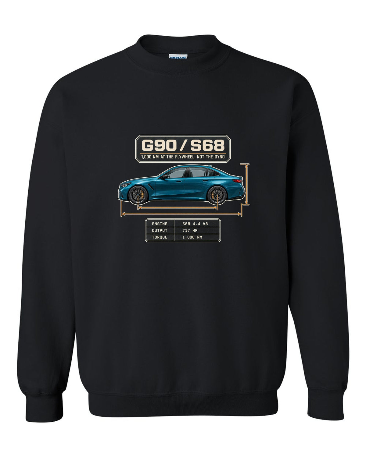 BMW M5 G90 sedan dimension blueprint profile print on a tee black crewneck front view with the design