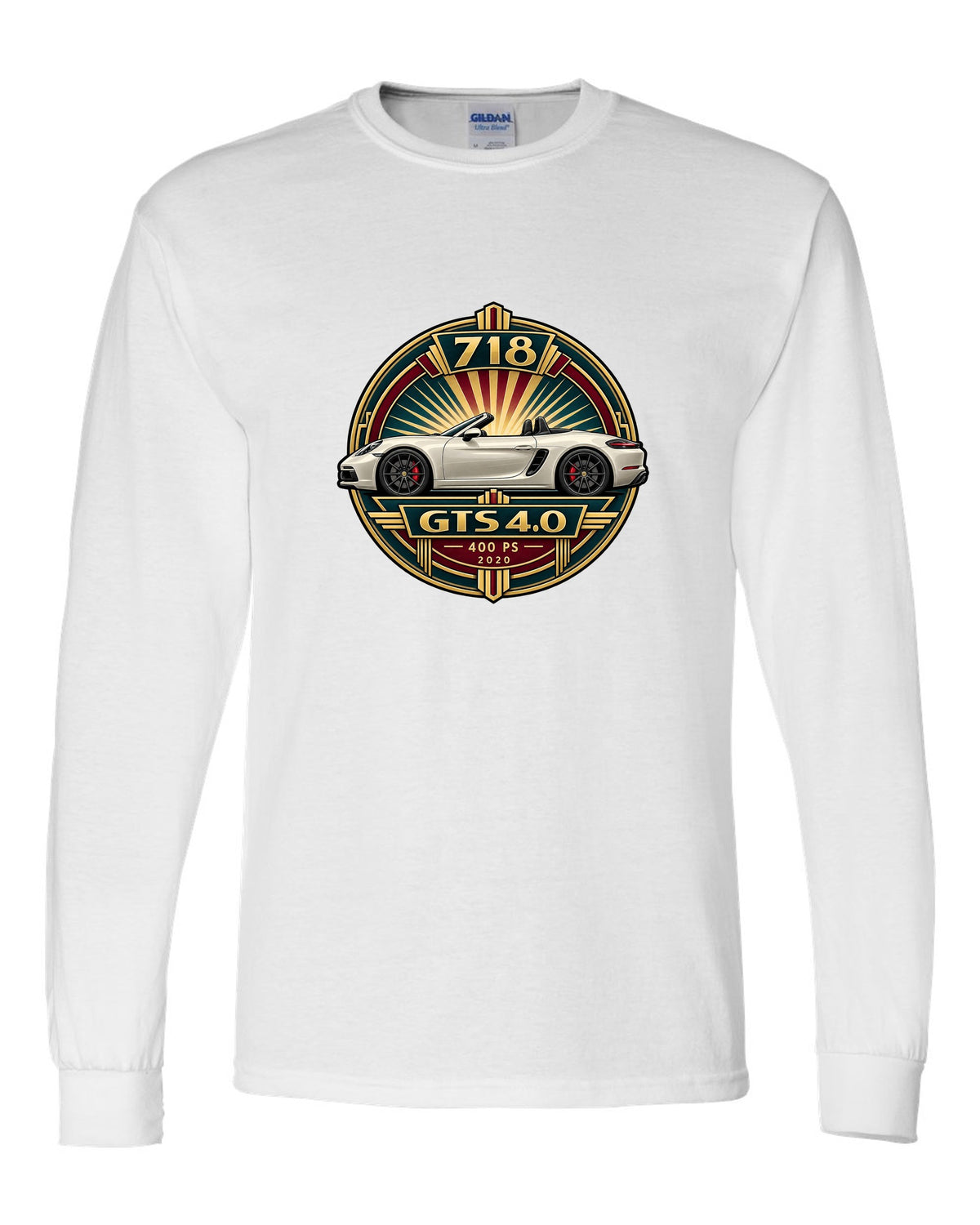 Art deco poster crest design for the Porsche 718 Boxster GTS 4.0 with 400 PS and 2020 lettering white long sleeve front view with the design
