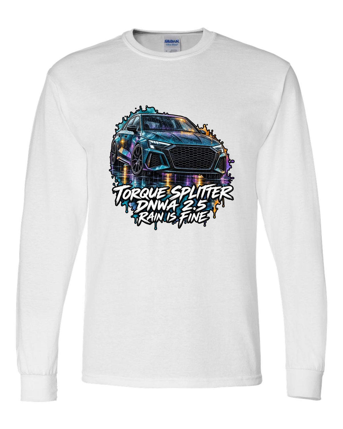Watercolour wash print of an Audi RS3 8Y with Rain Is Fine lettering white long sleeve front view with the design