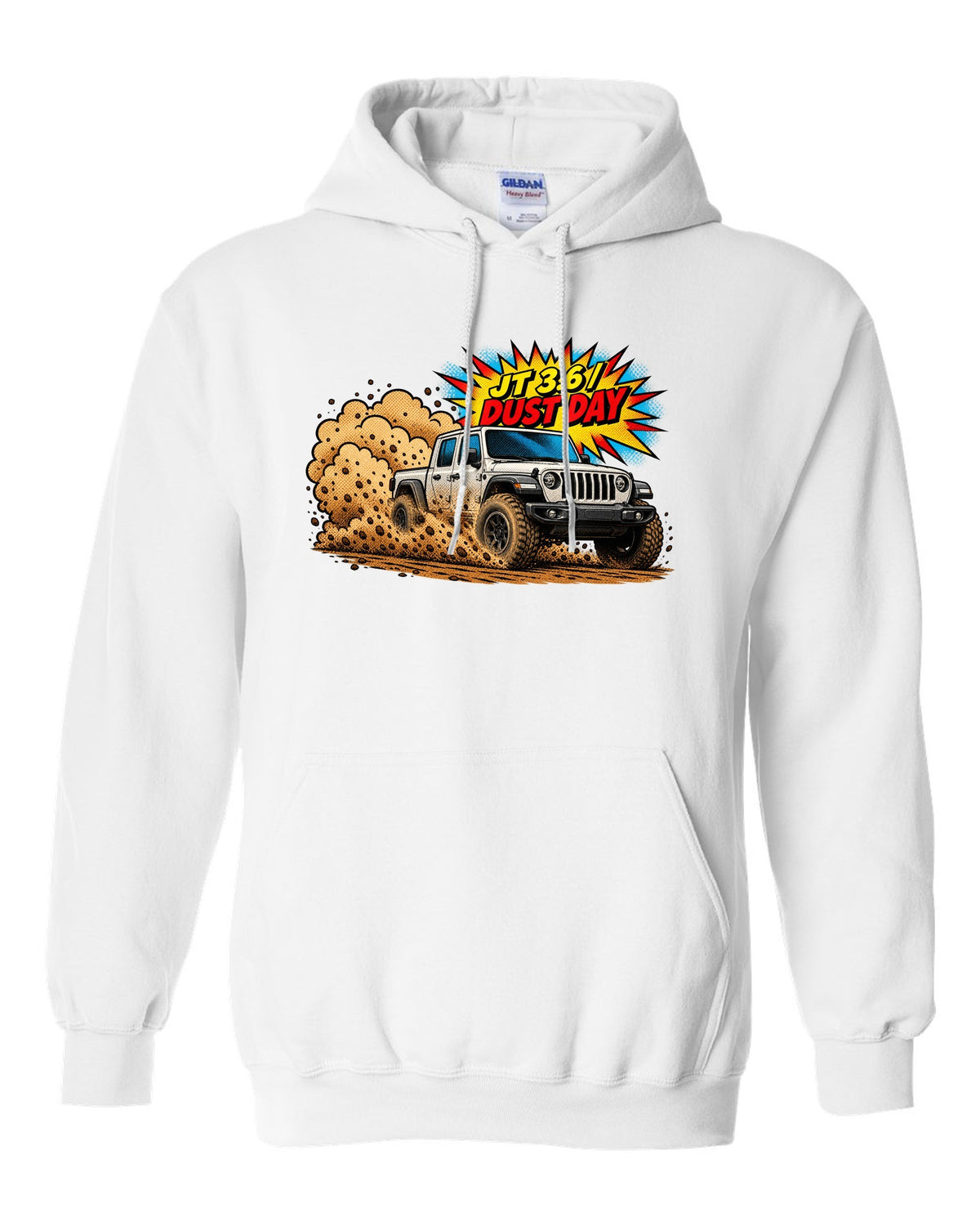 Jeep Gladiator JT mid-burnout in comic halftone pop art with JT 3.6 dust day text white pull over hoodie front view with the design