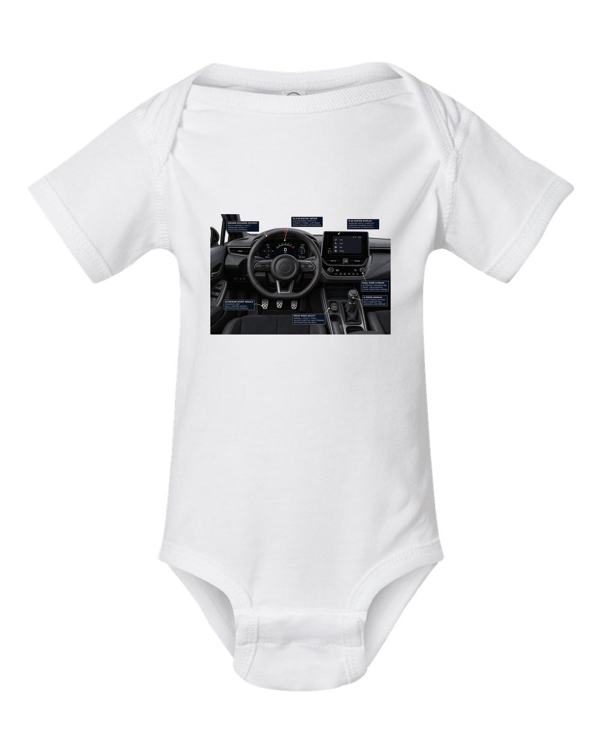 Toyota Tundra TRD Pro CrewMax three-view drawing with spec table white baby onesie front view with the design