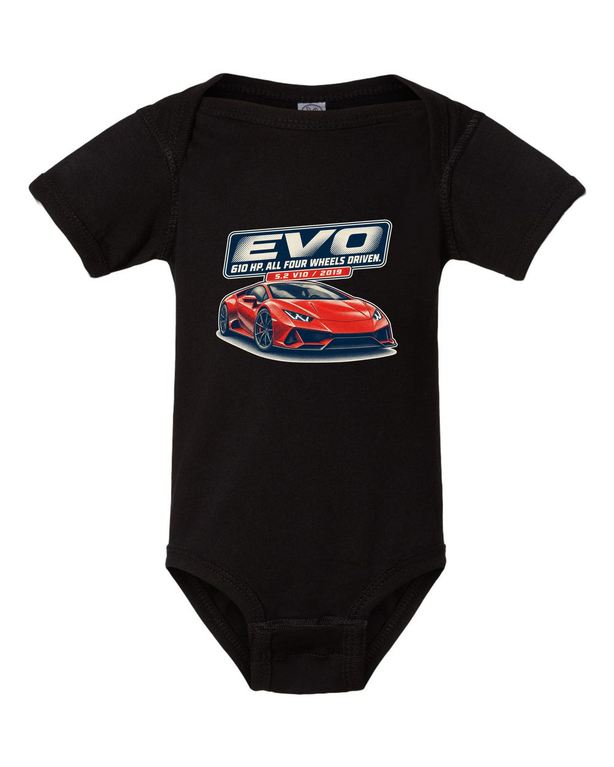 Halftone print of the Lamborghini Huracan EVO black baby onesie front view with the design